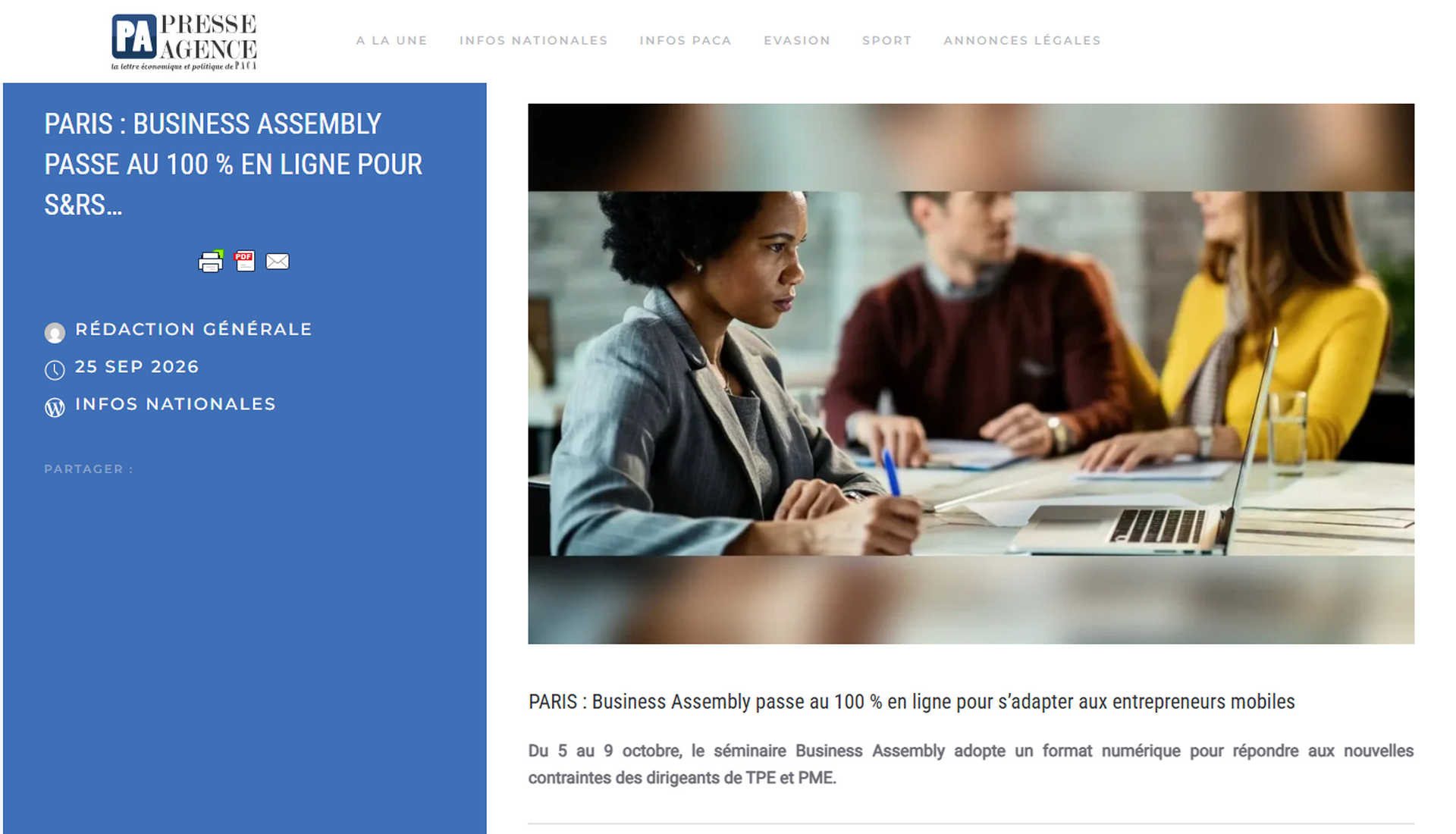PARIS PRESSE AGENCE : Business Assembly passe au 100 % en ligne